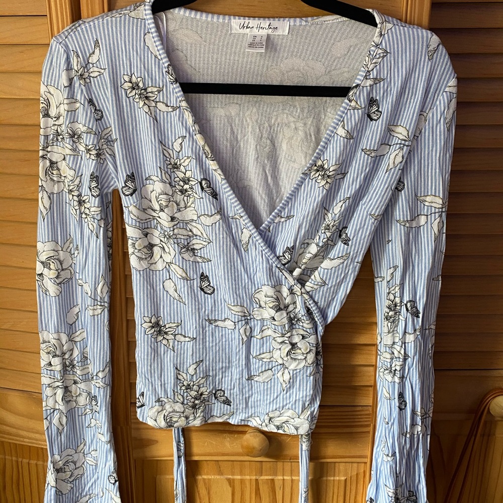 Forever 21 Baby Blue Long Sleeve Low Cut Shirt